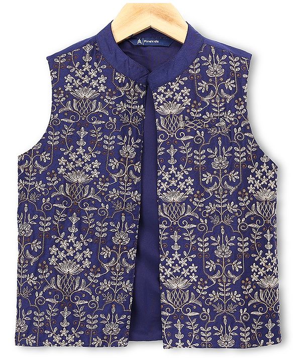 Pine Kids Woven Full Sleeves Kurta Pyjama Set with Jacket Full Length and Floral Pattern Print in Purple