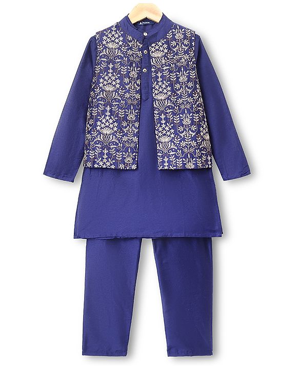Pine Kids Woven Full Sleeves Kurta Pyjama Set with Jacket Full Length and Floral Pattern Print in Purple