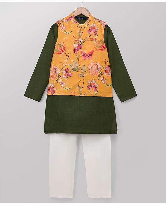 Pine Kids Woven Kurta, Pajama and Jacket with Full Sleeves and Flowers and Butterflies Print in Olive Green for 4-5 Years