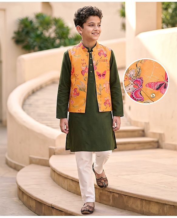 Pine Kids Woven Kurta, Pajama and Jacket with Full Sleeves and Flowers and Butterflies Print in Olive Green for 4-5 Years