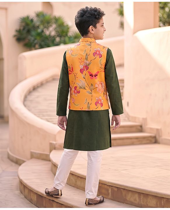 Pine Kids Woven Kurta, Pajama and Jacket with Full Sleeves and Flowers and Butterflies Print in Olive Green for 4-5 Years