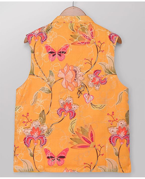 Pine Kids Woven Kurta, Pajama and Jacket with Full Sleeves and Flowers and Butterflies Print in Olive Green for 4-5 Years