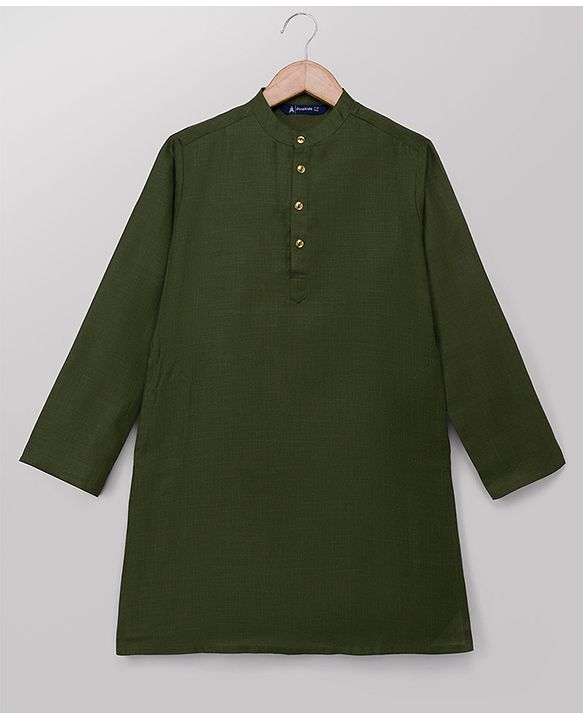 Pine Kids Woven Kurta, Pajama and Jacket with Full Sleeves and Flowers and Butterflies Print in Olive Green for 4-5 Years