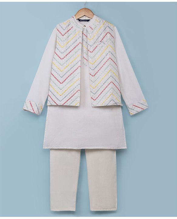 Pine Kids Woven Kurta Pyjama Set with Full Sleeves Jacket and Chevron Sequins in White