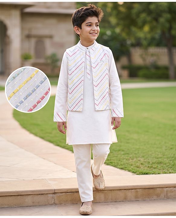 Pine Kids Woven Kurta Pyjama Set with Full Sleeves Jacket and Chevron Sequins in White