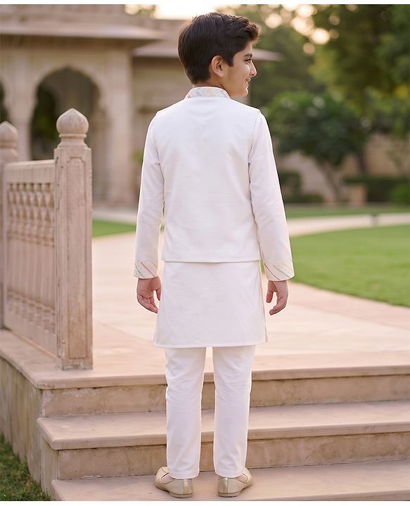 Pine Kids Woven Kurta Pyjama Set with Full Sleeves Jacket and Chevron Sequins in White