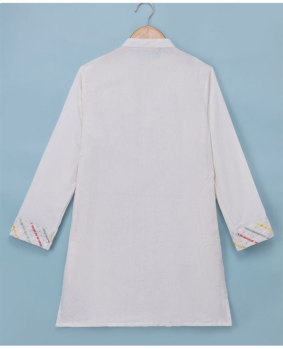 Pine Kids Woven Kurta Pyjama Set with Full Sleeves Jacket and Chevron Sequins in White