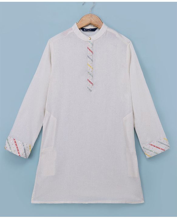 Pine Kids Woven Kurta Pyjama Set with Full Sleeves Jacket and Chevron Sequins in White