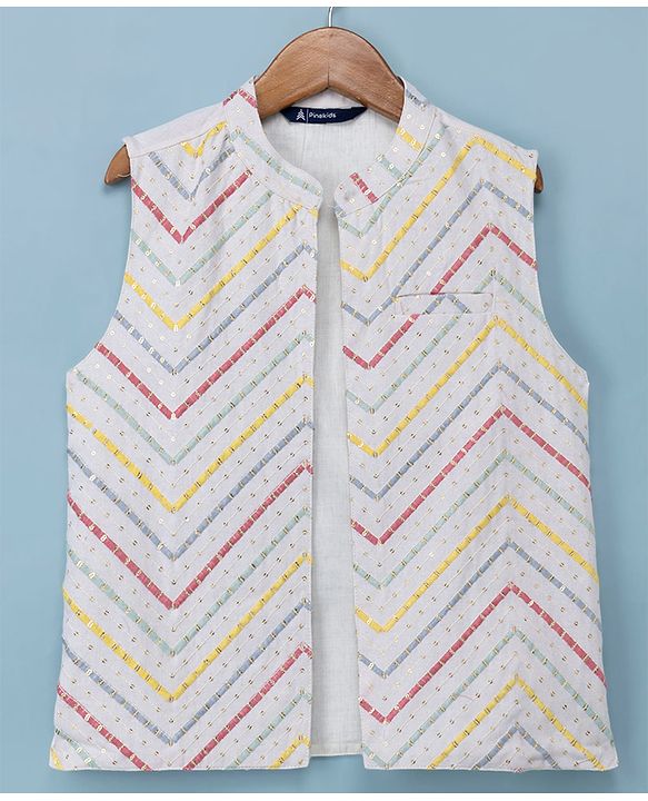 Pine Kids Woven Kurta Pyjama Set with Full Sleeves Jacket and Chevron Sequins in White