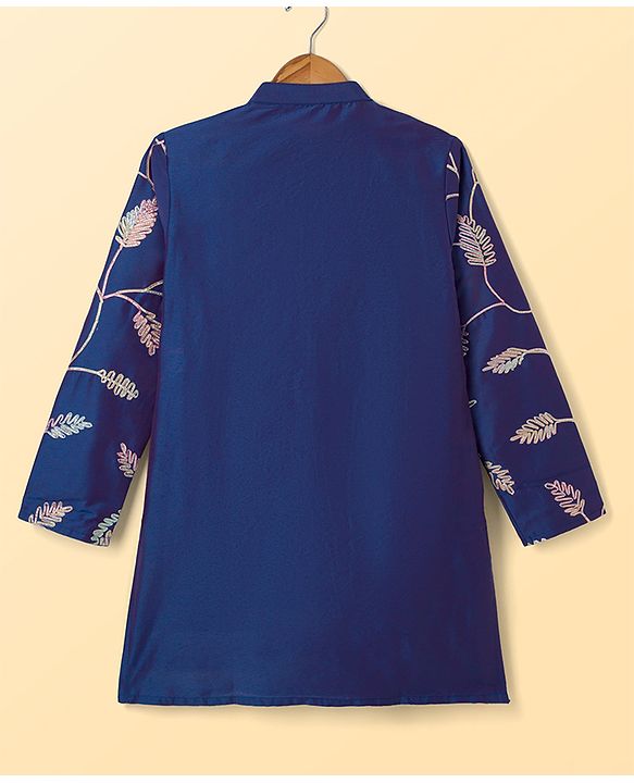 Pine Kids Woven Kurta Pyjama Set with Full Sleeves and Vine Embroidery in Blue for 4-5 Years