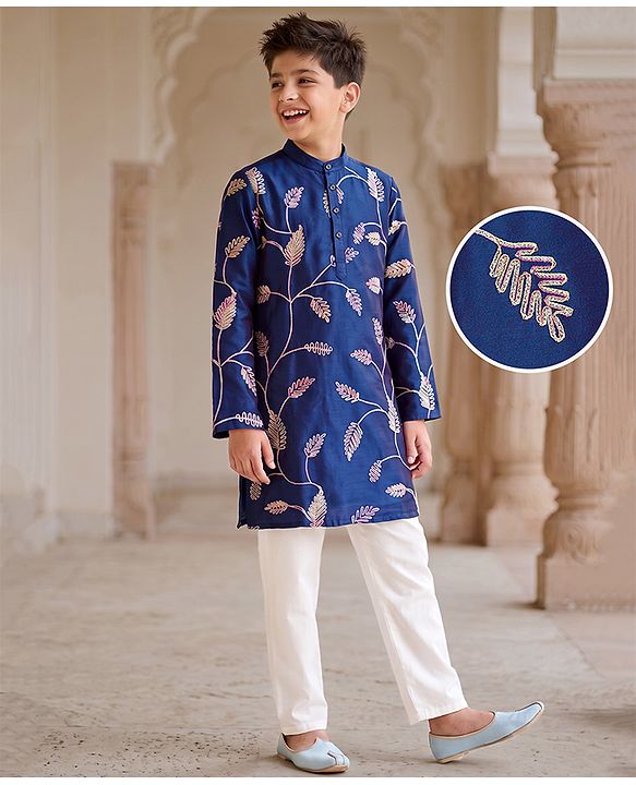 Pine Kids Woven Kurta Pyjama Set with Full Sleeves and Vine Embroidery in Blue for 4-5 Years