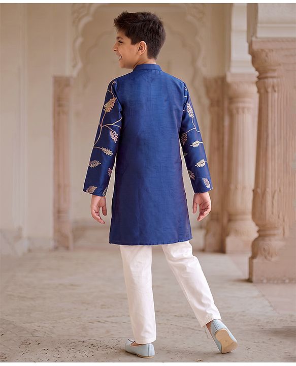Pine Kids Woven Kurta Pyjama Set with Full Sleeves and Vine Embroidery in Blue for 4-5 Years