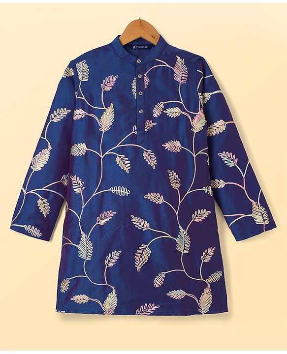 Pine Kids Woven Kurta Pyjama Set with Full Sleeves and Vine Embroidery in Blue for 4-5 Years