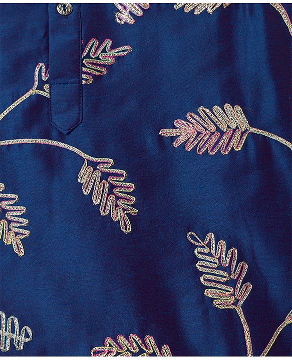 Pine Kids Woven Kurta Pyjama Set with Full Sleeves and Vine Embroidery in Blue for 4-5 Years