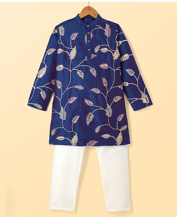Pine Kids Woven Kurta Pyjama Set with Full Sleeves and Vine Embroidery in Blue for 4-5 Years