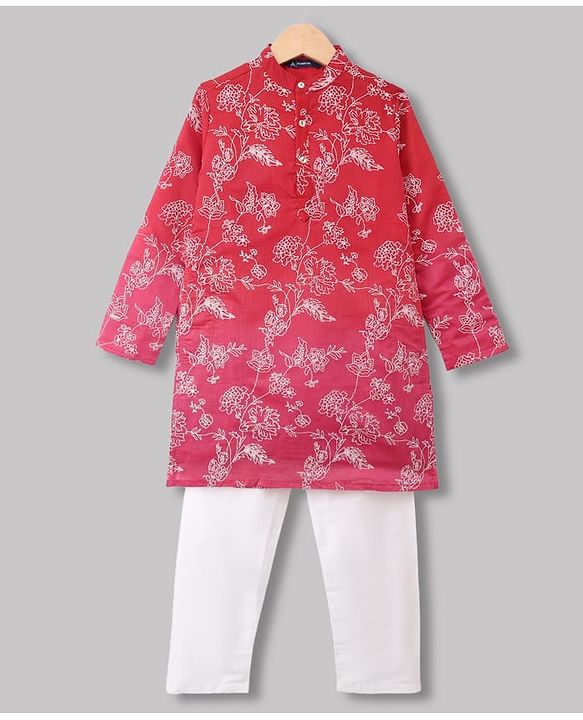 Pine Kids Woven Full Sleeves Kurta and Pyjama with Floral Print in Red for 4-5 Years