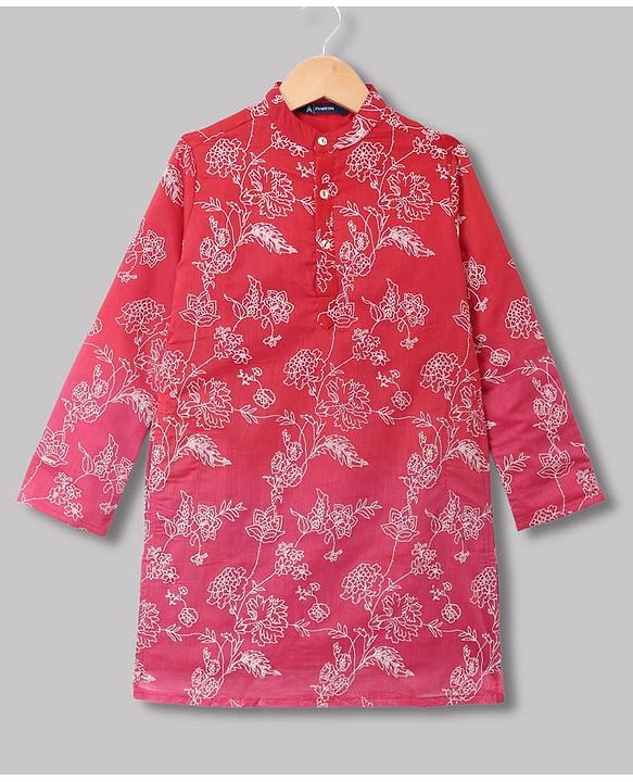 Pine Kids Woven Full Sleeves Kurta and Pyjama with Floral Print in Red for 4-5 Years