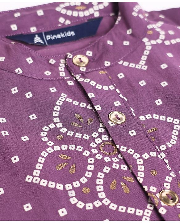 Pine Kids Woven Full Sleeves Kurta Pyjama Set with Full Length and Floral Print in Lilac for 4-5 Years