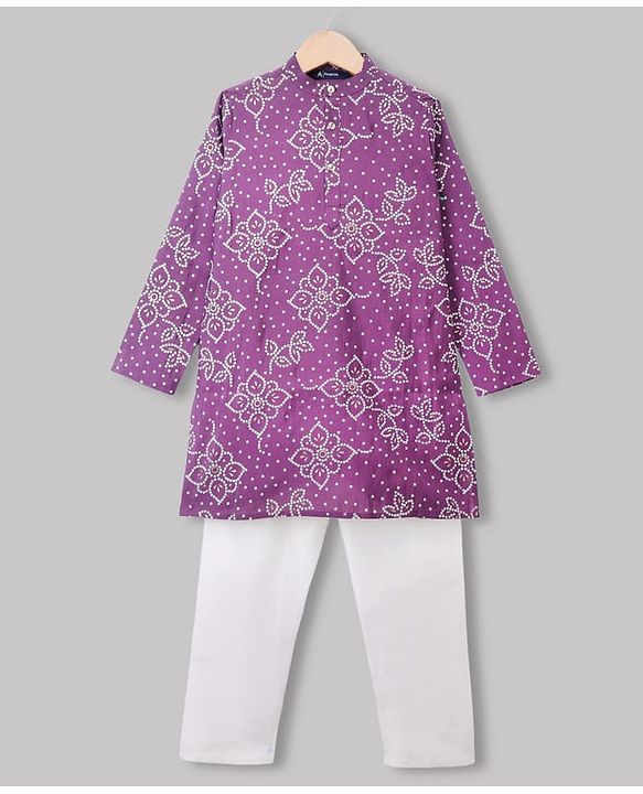 Pine Kids Woven Full Sleeves Kurta Pyjama Set with Full Length and Floral Print in Lilac for 4-5 Years