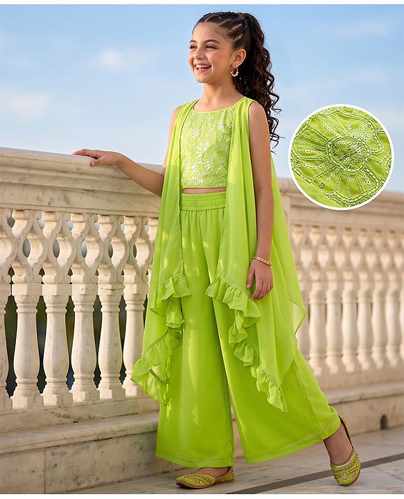 Pine Kids Woven Sleeveless Ethnic Top and Palazzo and Ethnic Jacket with Full Length and Floral Sequins in Light Green