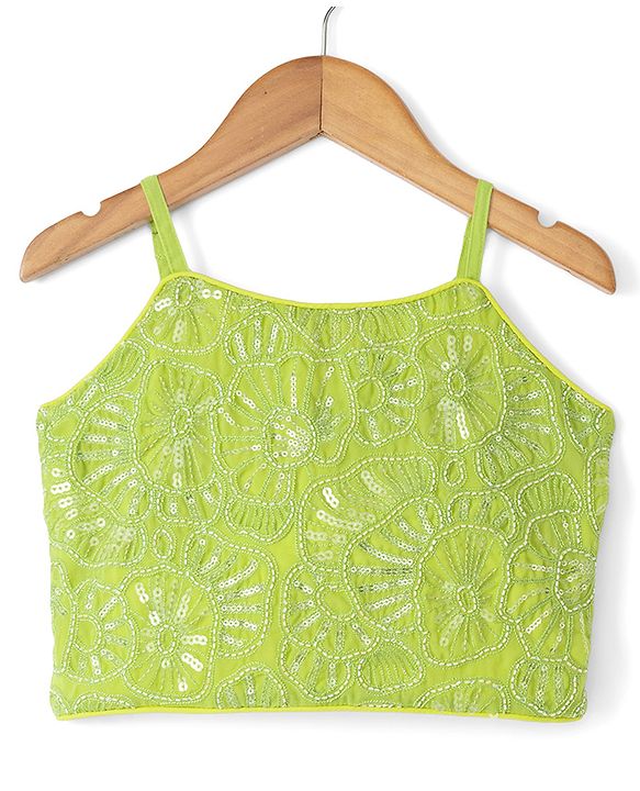Pine Kids Woven Sleeveless Ethnic Top and Palazzo and Ethnic Jacket with Full Length and Floral Sequins in Light Green