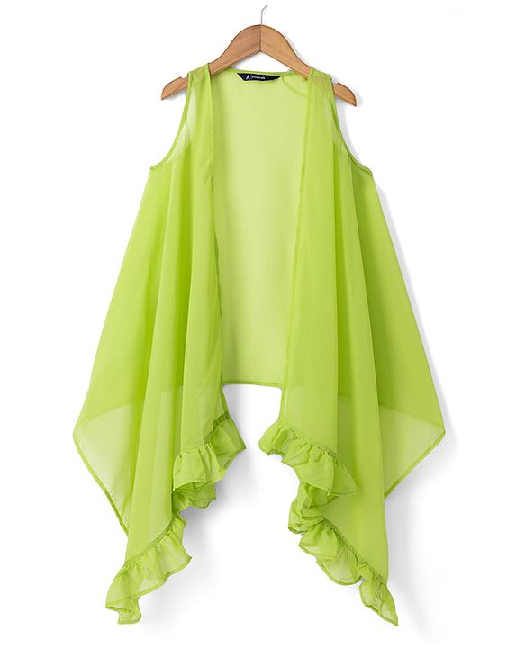 Pine Kids Woven Sleeveless Ethnic Top and Palazzo and Ethnic Jacket with Full Length and Floral Sequins in Light Green