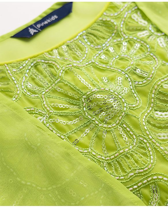 Pine Kids Woven Sleeveless Ethnic Top and Palazzo and Ethnic Jacket with Full Length and Floral Sequins in Light Green