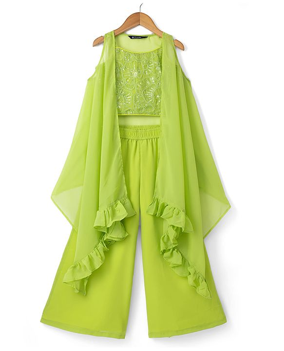 Pine Kids Woven Sleeveless Ethnic Top and Palazzo and Ethnic Jacket with Full Length and Floral Sequins in Light Green