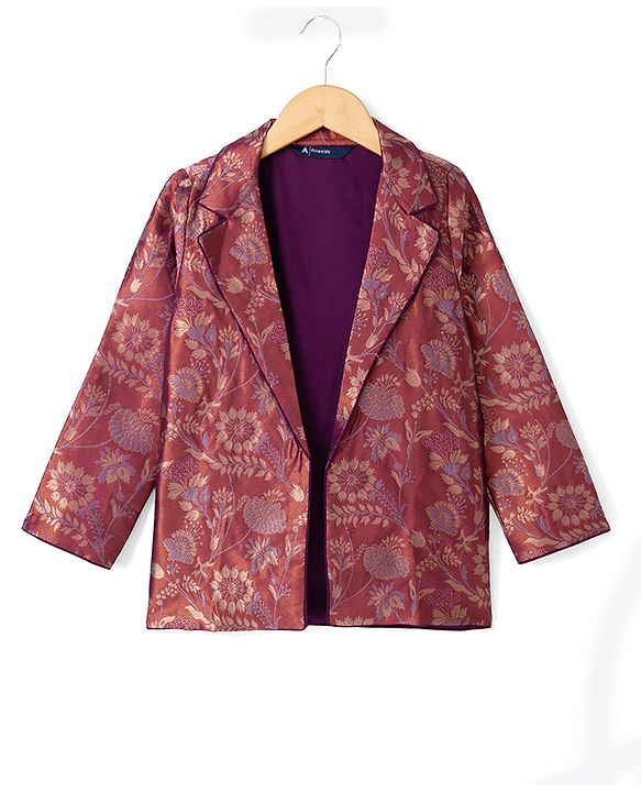 Pine Kids Woven Full Sleeves Indo western Sets Ethnic Top, Palazzo and Ethnic Jacket with Full Length and Floral Print in Dark Pink