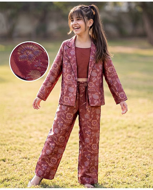 Pine Kids Woven Full Sleeves Indo western Sets Ethnic Top, Palazzo and Ethnic Jacket with Full Length and Floral Print in Dark Pink