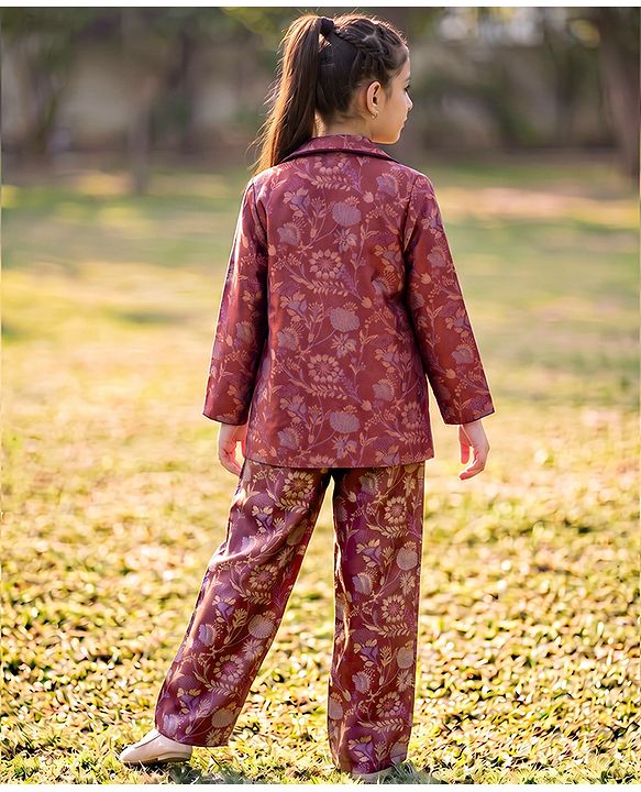 Pine Kids Woven Full Sleeves Indo western Sets Ethnic Top, Palazzo and Ethnic Jacket with Full Length and Floral Print in Dark Pink