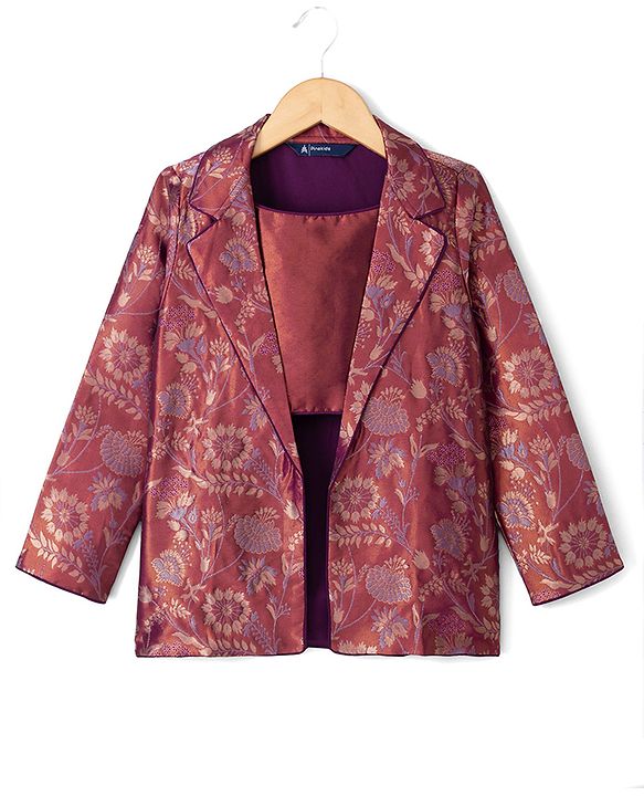 Pine Kids Woven Full Sleeves Indo western Sets Ethnic Top, Palazzo and Ethnic Jacket with Full Length and Floral Print in Dark Pink