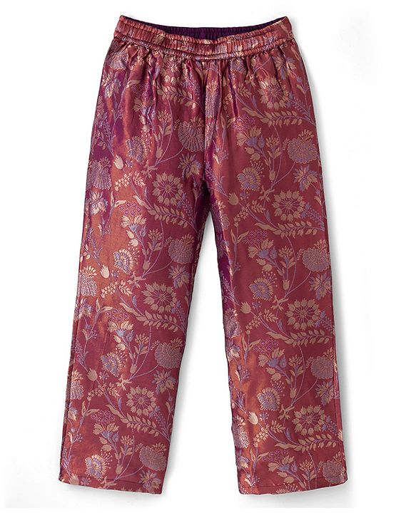 Pine Kids Woven Full Sleeves Indo western Sets Ethnic Top, Palazzo and Ethnic Jacket with Full Length and Floral Print in Dark Pink