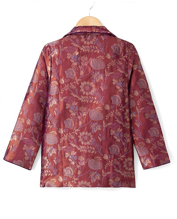 Pine Kids Woven Full Sleeves Indo western Sets Ethnic Top, Palazzo and Ethnic Jacket with Full Length and Floral Print in Dark Pink