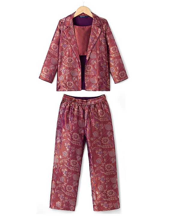 Pine Kids Woven Full Sleeves Indo western Sets Ethnic Top, Palazzo and Ethnic Jacket with Full Length and Floral Print in Dark Pink