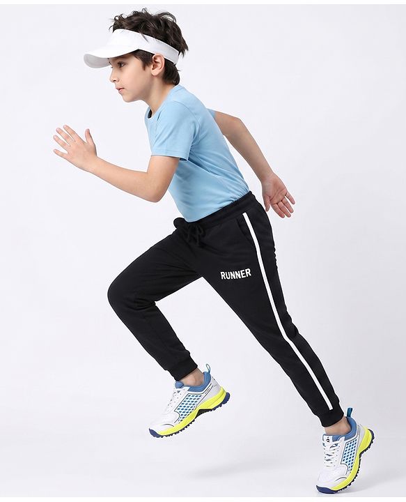 Pine Active Cotton Knit Full Length Solid Coloured Runner Printed Track Pant - Black