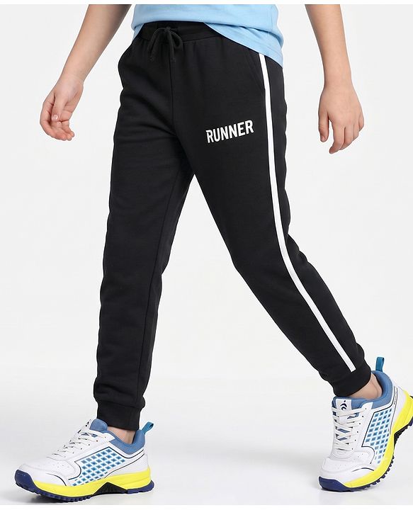 Pine Active Cotton Knit Full Length Solid Coloured Runner Printed Track Pant - Black