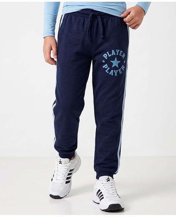Pine Active Cotton Knit Full Length Solid Coloured Player Printed Track Pant - Navy Blue