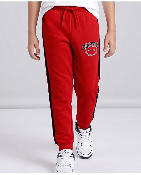 Pine Active Cotton Knit Full Length Solid Coloured Champion Printed Track Pant - Red