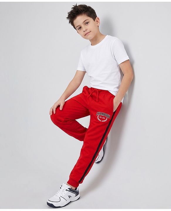 Pine Active Cotton Knit Full Length Solid Coloured Champion Printed Track Pant - Red