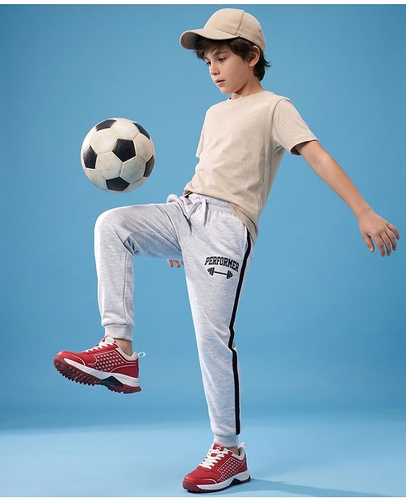 Pine Active Cotton Knit Full Length Solid Coloured Performer Printed Track Pant - Grey