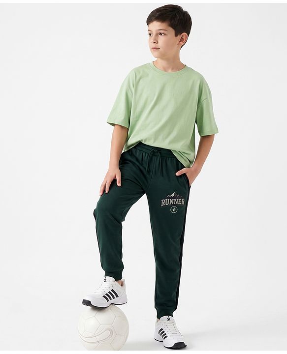 Pine Active Cotton Knit Full Length Solid Coloured Runner Printed Track Pant - Green