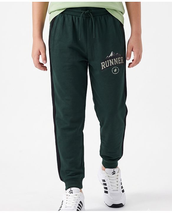 Pine Active Cotton Knit Full Length Solid Coloured Runner Printed Track Pant - Green