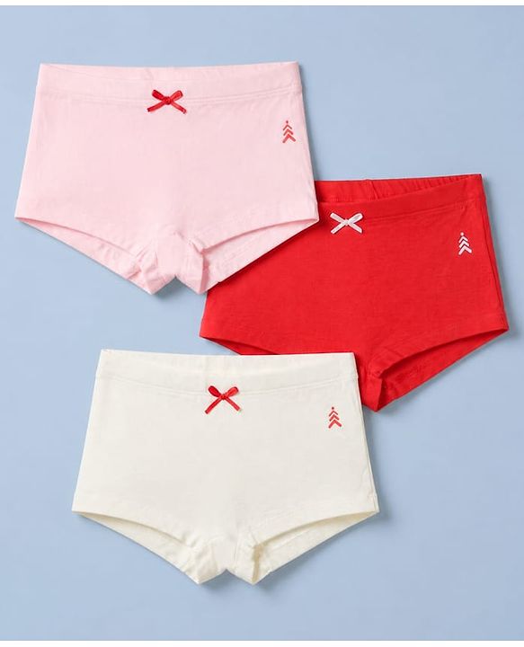 Pine Kids Cotton Mix Knit Bloomers Set With Bow Applique Pack of 3 - Red, White & Pink