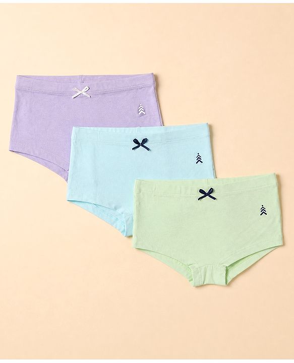 Pine Kids Cotton Elastane Knit Bloomers With Bow Applique Pack of 3 - Lavender & Light Blue