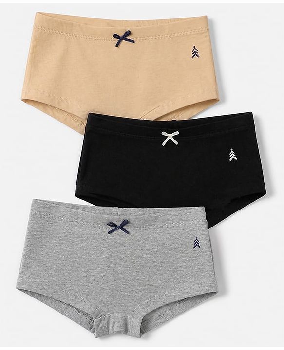 Pine Kids Cotton Lycra Knit Solid Panties Bow Detailing Pack of 3 - Brown Grey & Black