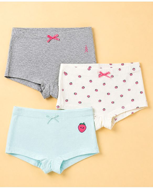 Pine Kids Cotton Elastane Knit Bloomers With Strawberry Print Pack of 3 - Grey & White