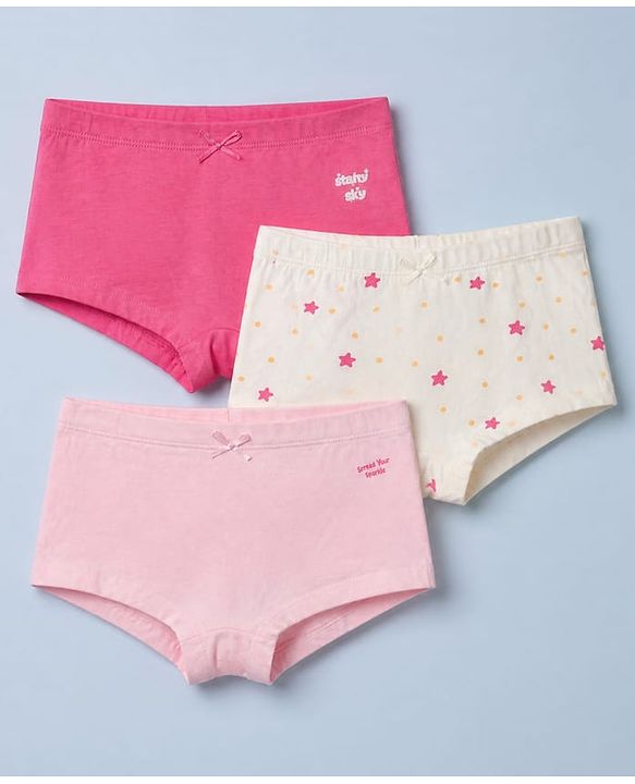 Pine Kids Cotton Elastane Knit Panties With Star Print Pack of 3 - White & Pink