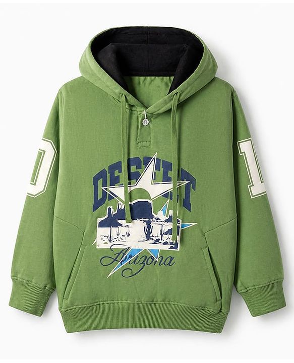 Pine Kids Cotton Mix Knit Sweatshirt with Full Sleeves and Desert Landscape Print in Light Green