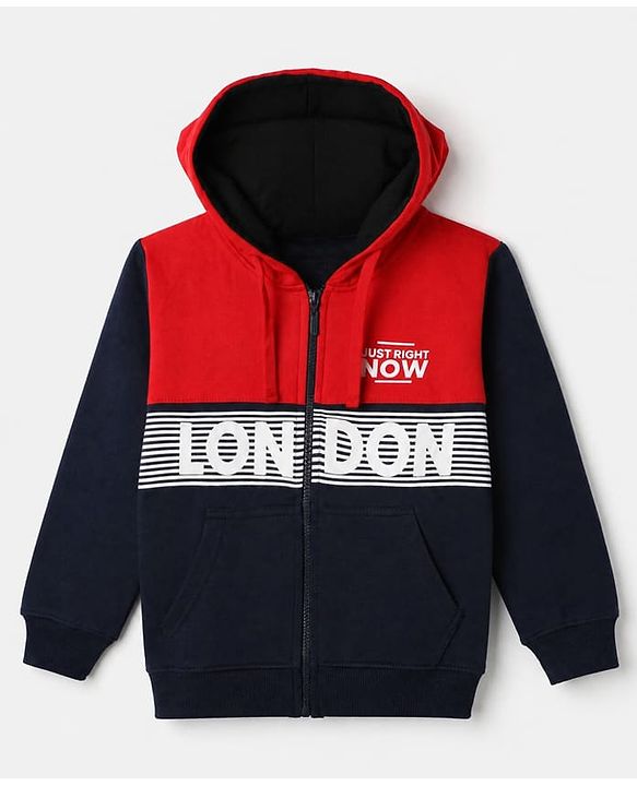Pine Kids Cotton Mix Knit Sweatshirt with Full Sleeves and London Slogan Print in Navy Blue